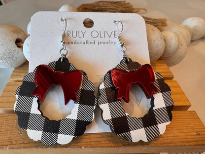 Truly Olive Black and White Buffalo Plaid Christmas Wreath Earrings - Earrings Dangle Earrings