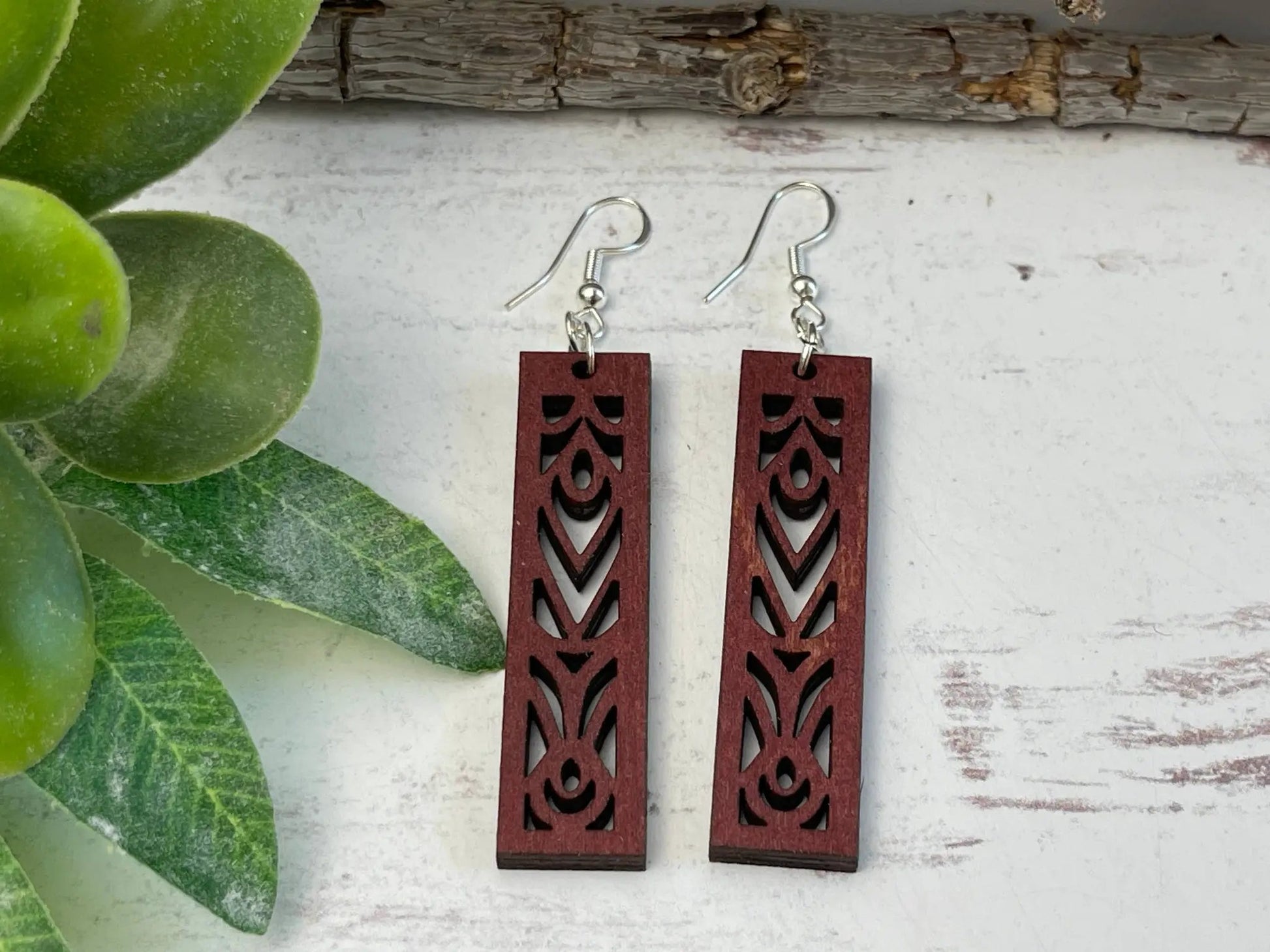 Truly Olive Rectangle Mandala Earrings Lightweight Wood Earrings - Earrings Dangle Earrings