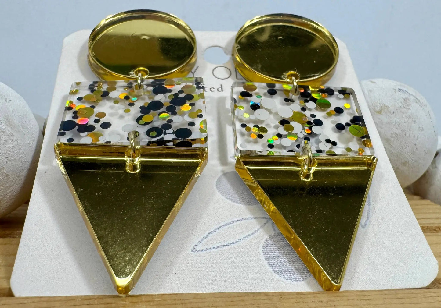 Truly Olive Gold Black and White Glitter Confetti Acrylic Earrings - Earrings Dangle Earrings