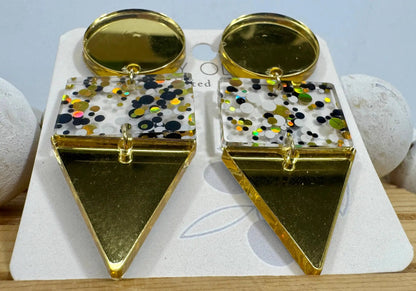 Truly Olive Gold Black and White Glitter Confetti Acrylic Earrings - Earrings Dangle Earrings