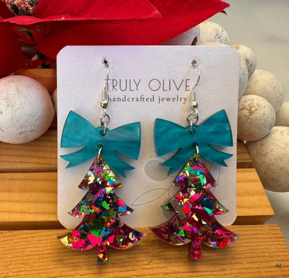 Truly Olive Glittery Christmas Trees - Earrings Dangle Earrings