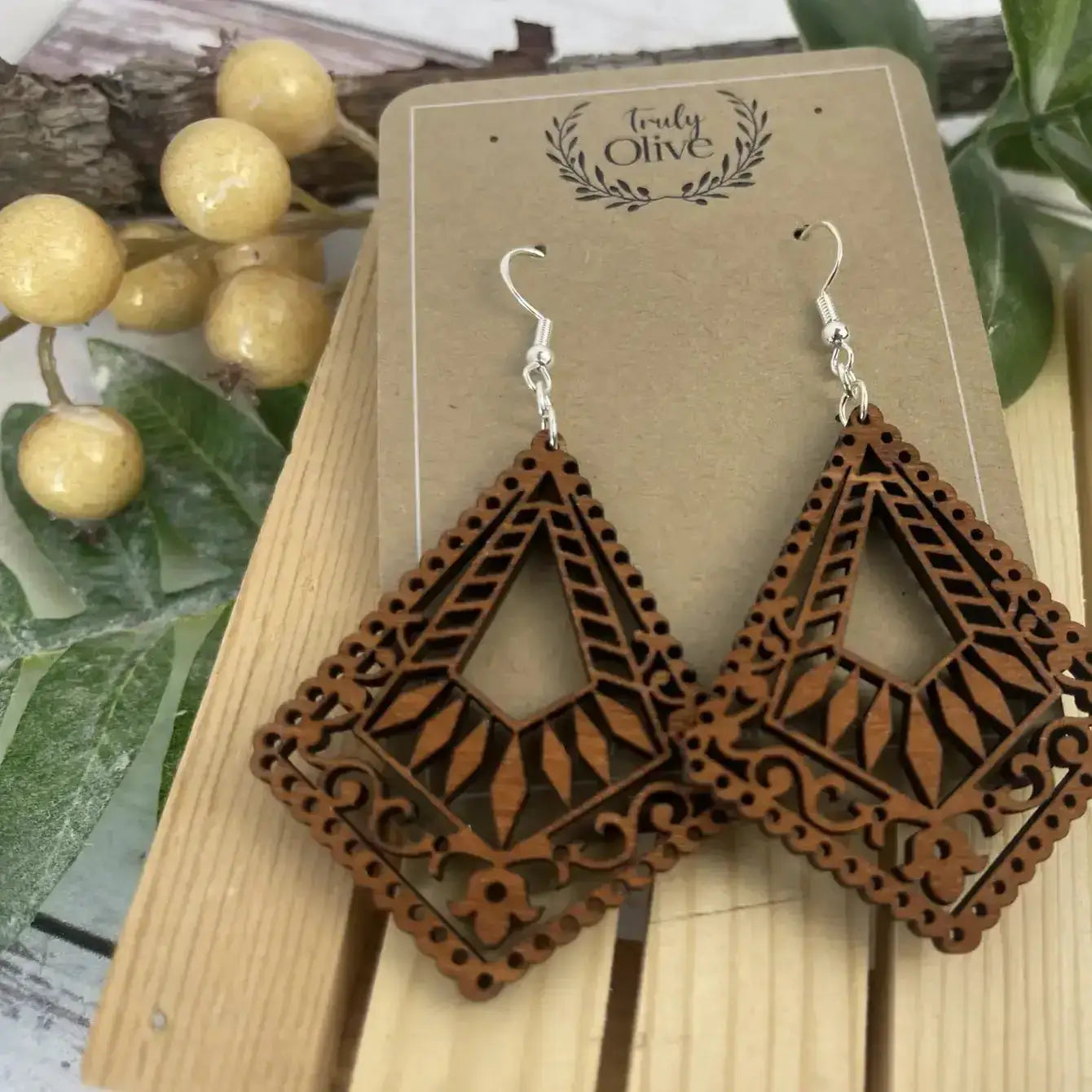 Truly Olive Lightweight Wood Mandala Earrings - Earrings Dangle Earrings