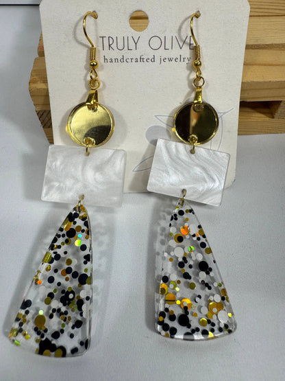 Truly Olive Long Gold Black and White Sparkly Confetti Acrylic Earrings - Earrings Dangle Earrings