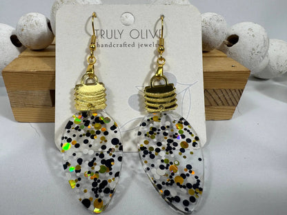Truly Olive Cute Gold Black and White Christmas Lightbulb Earrings - Earrings Dangle Earrings