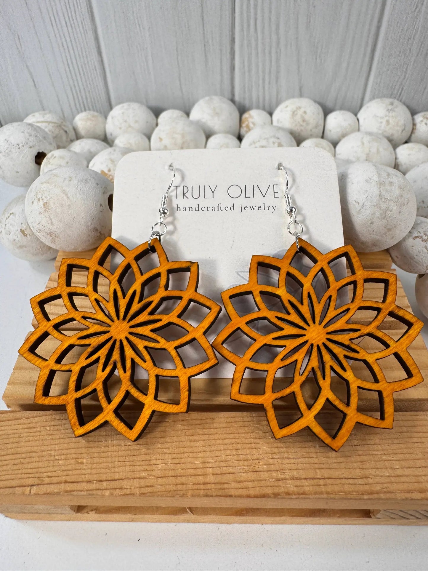 Truly Olive Natural Wood Mandala Earrings - Earrings Dangle Earrings