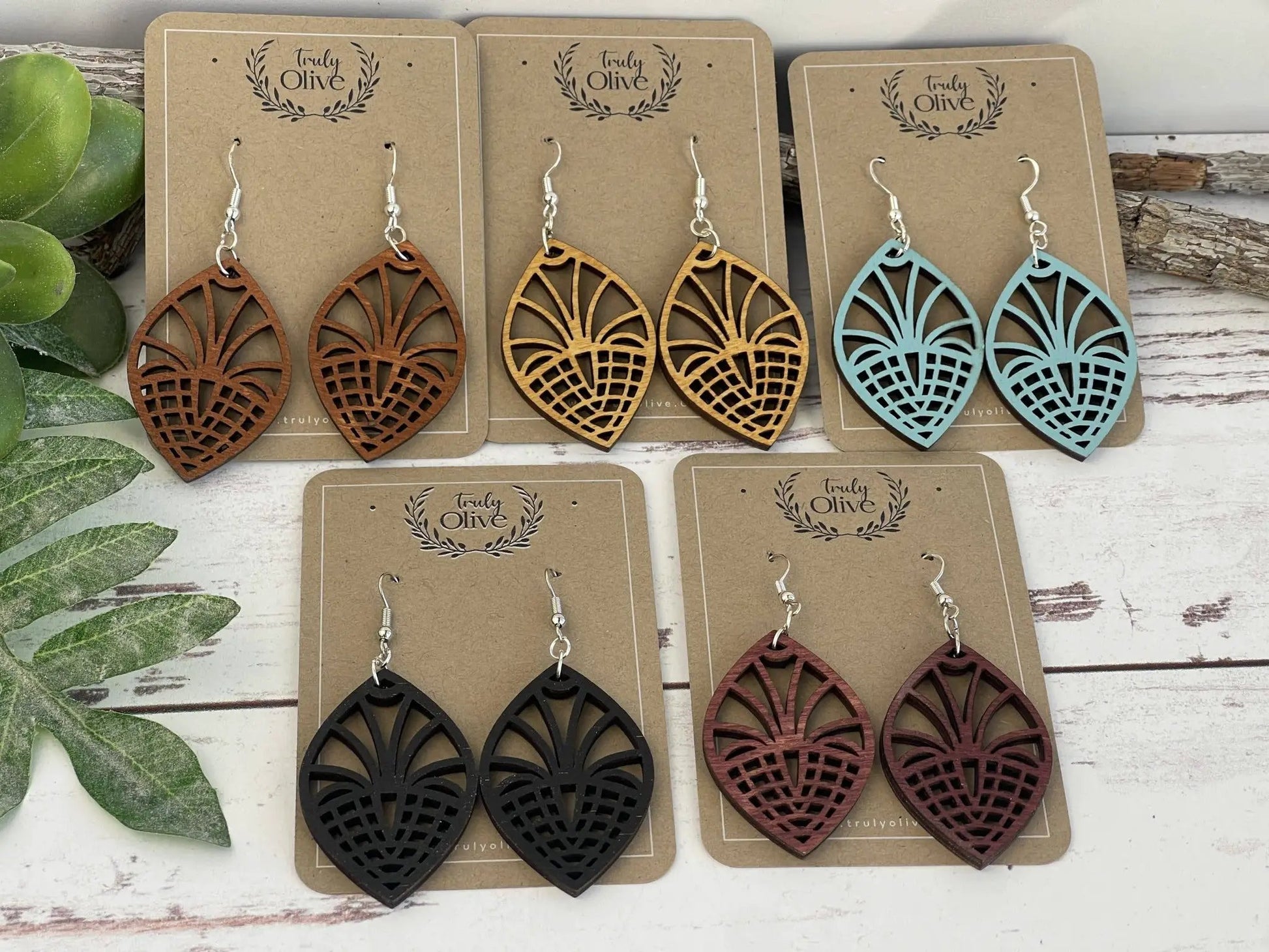 Truly Olive Geometric Style Filigree Lightweight Wood Earrings - Earrings Dangle Earrings