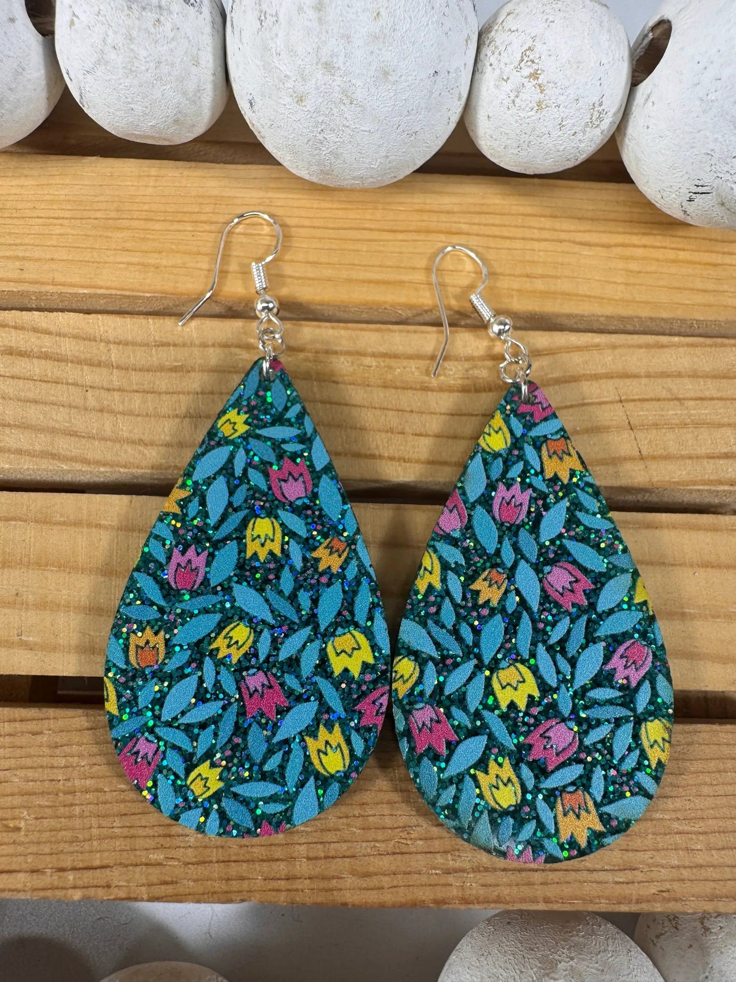 Truly Olive Blue Sparkle Flower Pattern Acrylic Earrings - Earrings Dangle Earrings