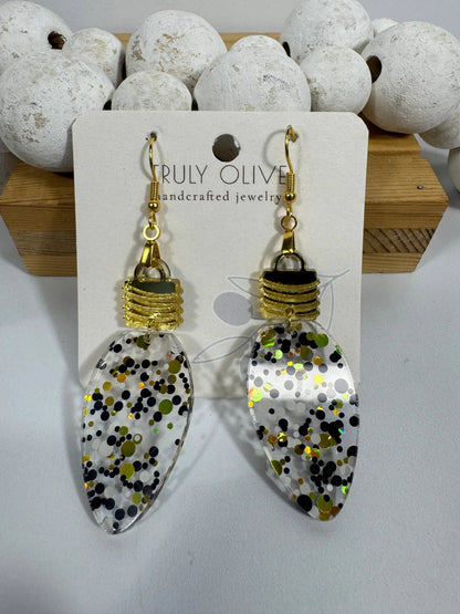 Truly Olive Cute Gold Black and White Christmas Lightbulb Earrings - Earrings Dangle Earrings