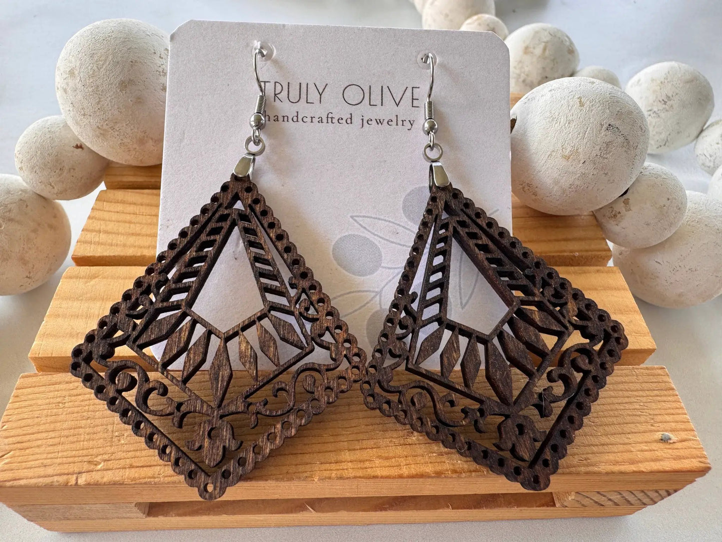 Truly Olive Lightweight Wood Mandala Earrings - Earrings Dangle Earrings