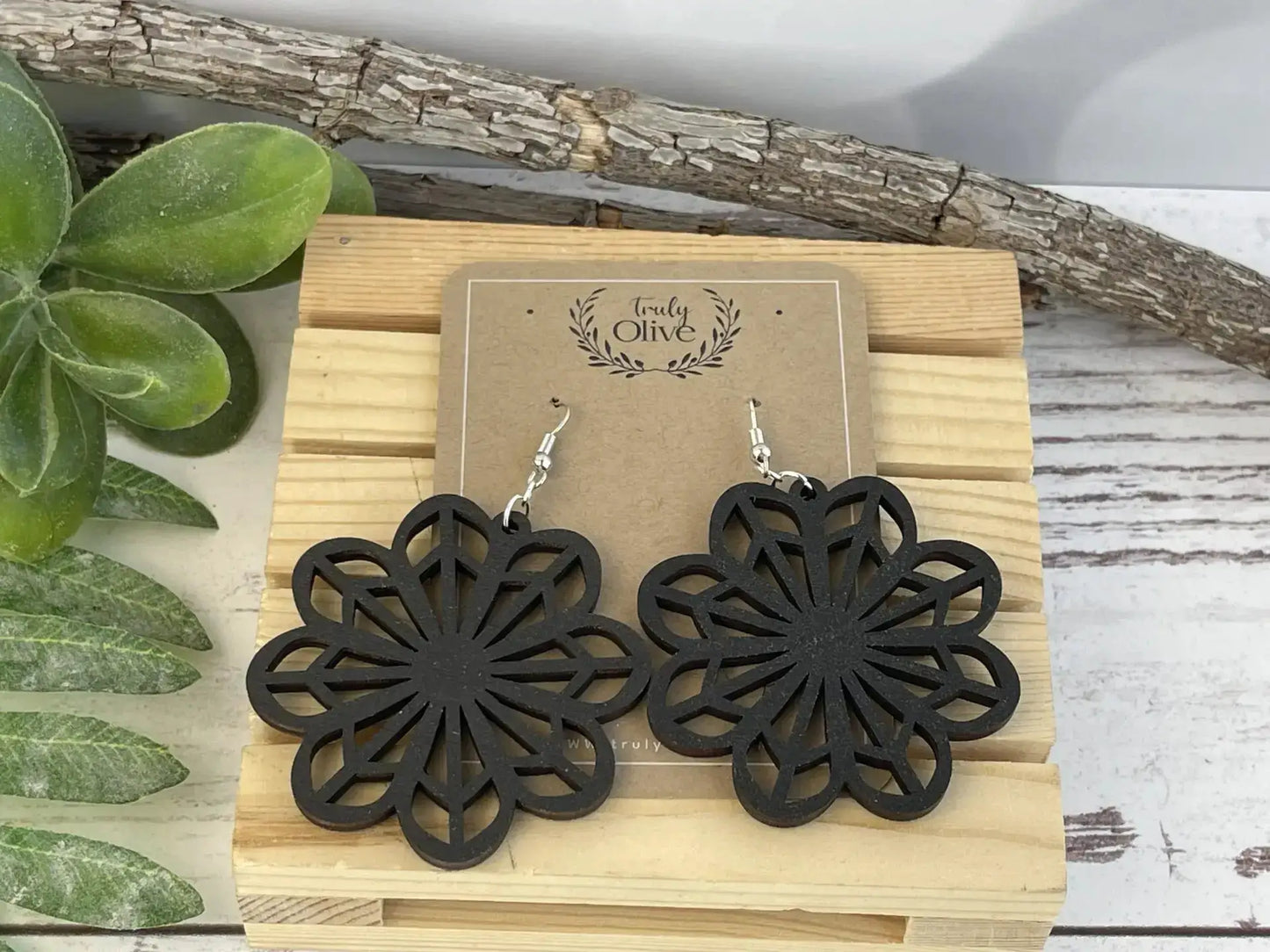 Truly Olive Wooden Boho Statement Earrings - Earrings Dangle Earrings