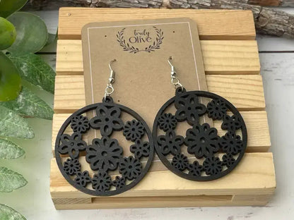 Truly Olive Groovy Flower Pattern Wood Earrings - Earrings Dangle Earrings