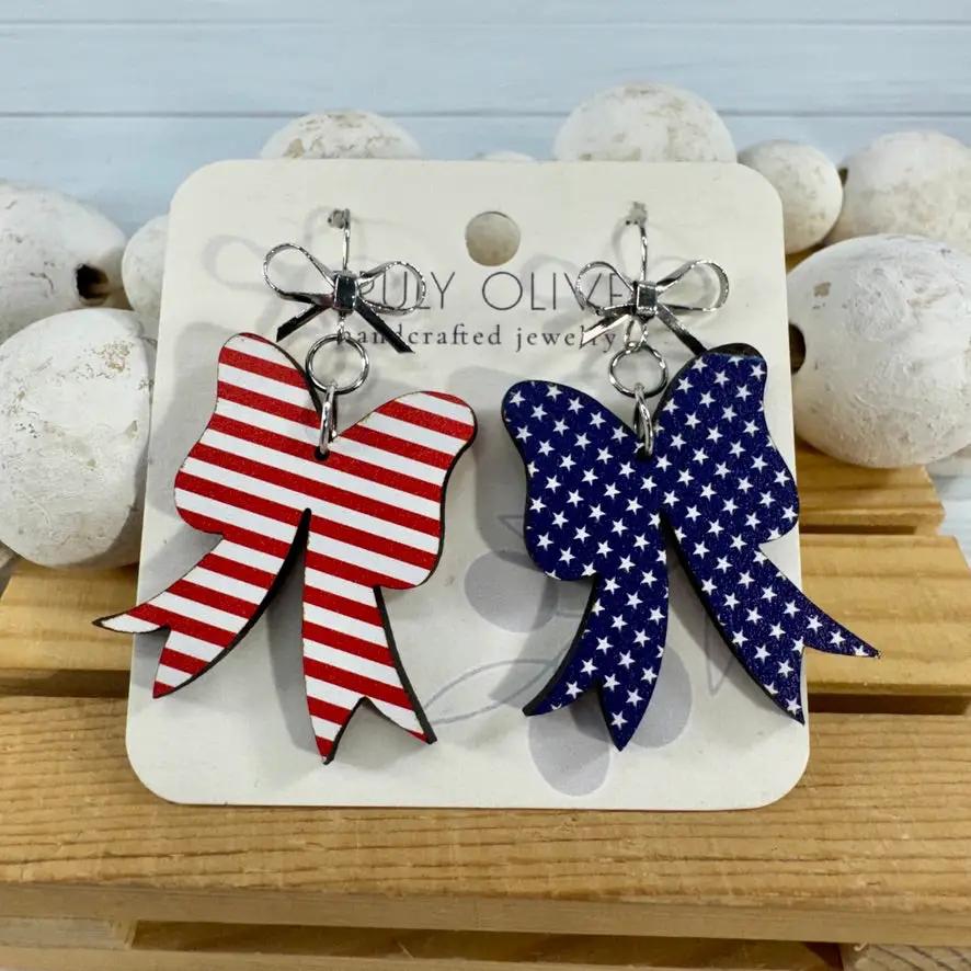 Trulyolive Patriotic Coquette Bow Red White and Blue Earrings - Earrings