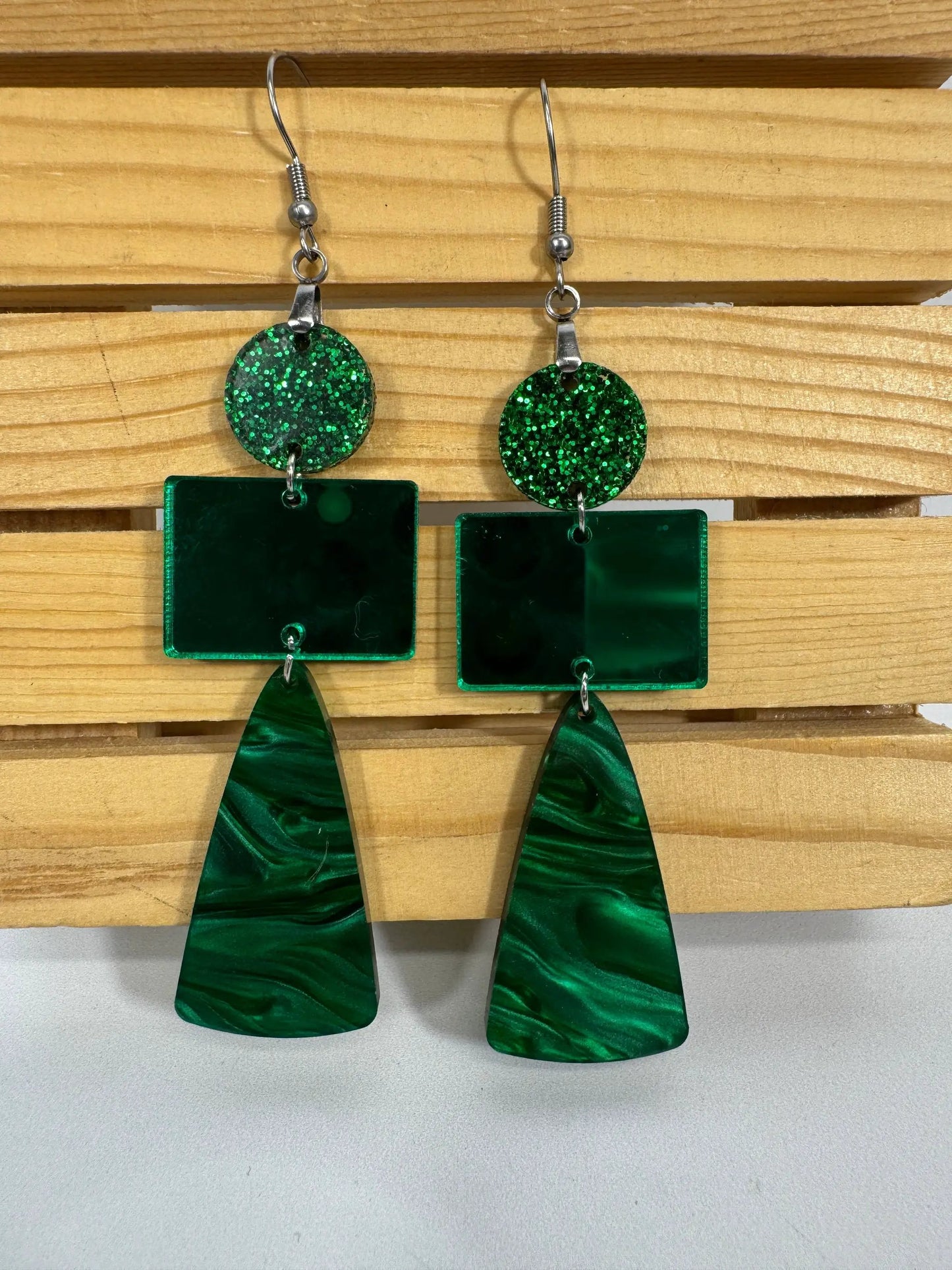 Truly Olive Green Marble and Glitter Acrylic Holiday Earrings - Earrings Dangle Earrings