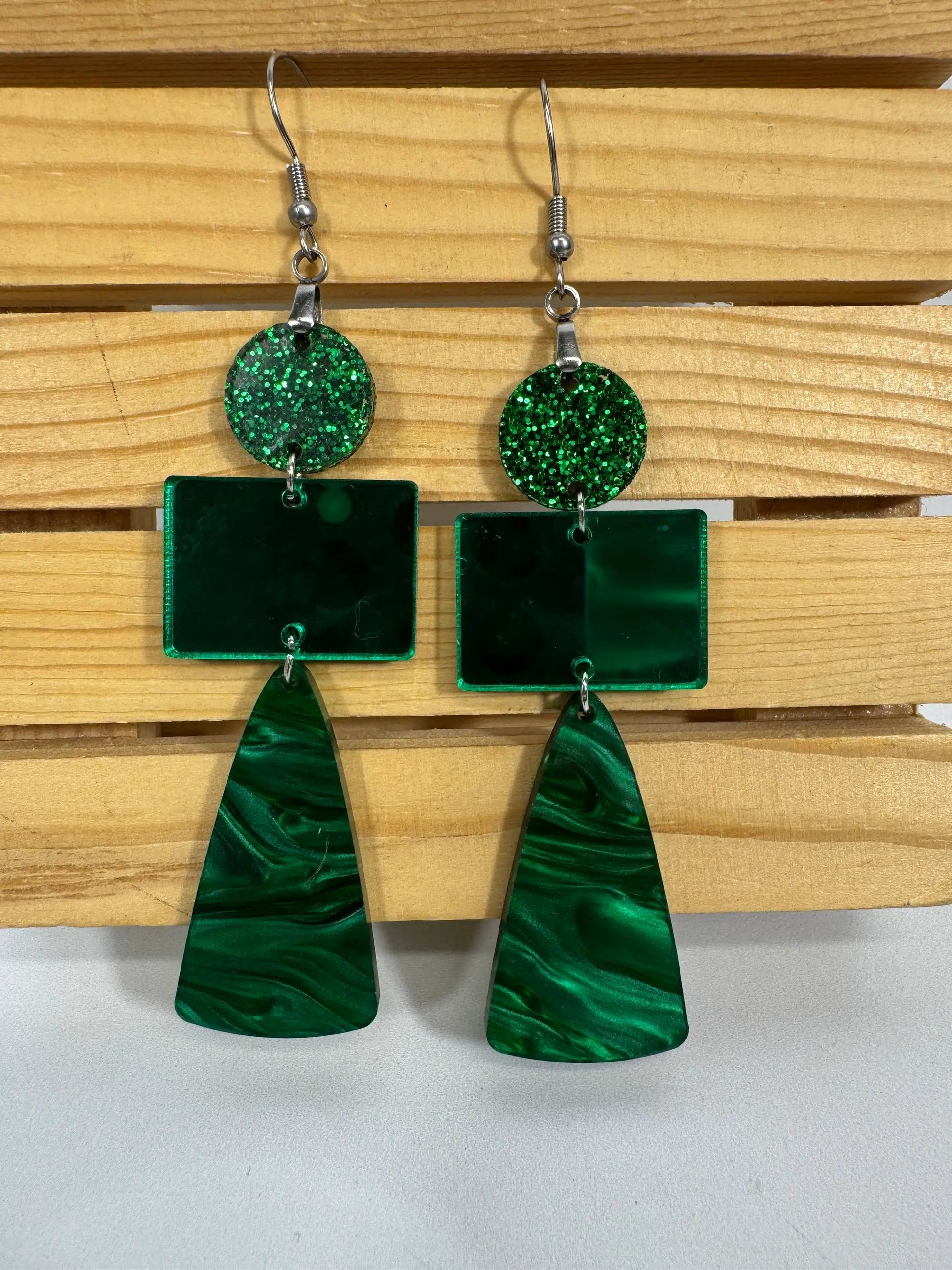 Truly Olive Green Marble and Glitter Acrylic Holiday Earrings - Earrings Dangle Earrings