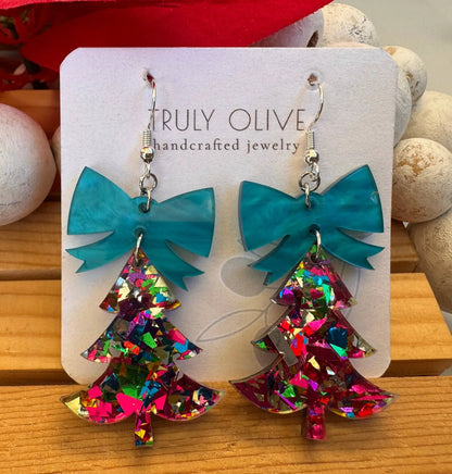 Truly Olive Glittery Christmas Trees - Earrings Dangle Earrings