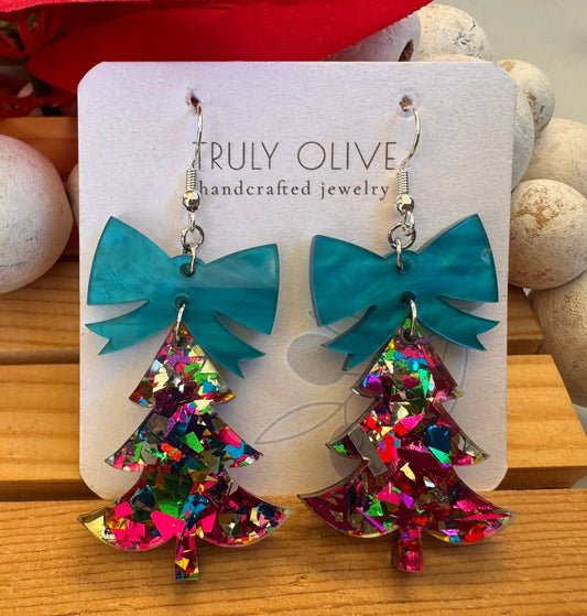 Truly Olive Glittery Christmas Trees - Earrings Dangle Earrings