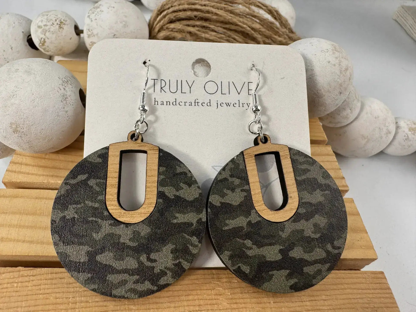 Truly Olive Camouflage Pattern Wood Earrings - Earrings Dangle Earrings