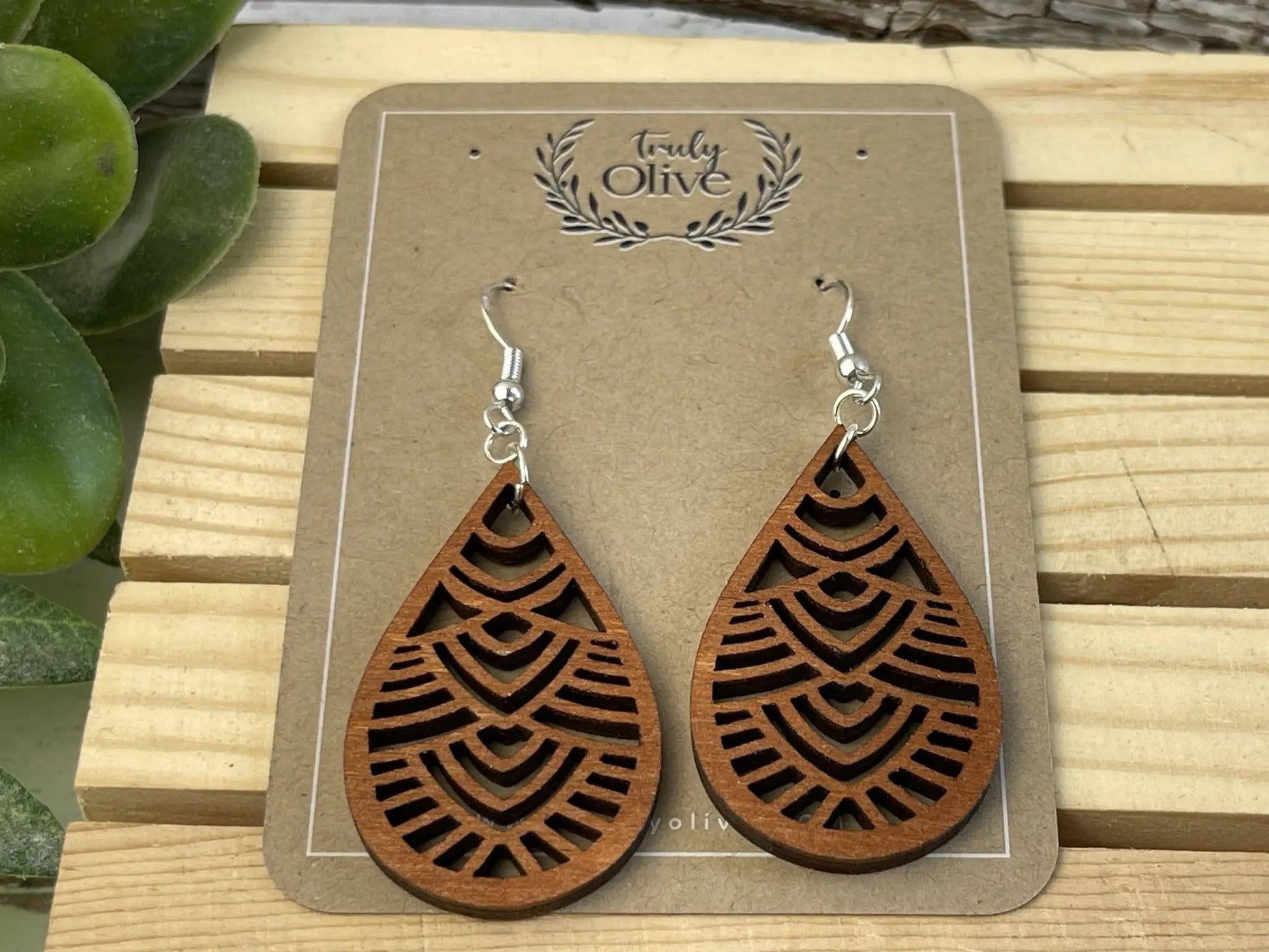 Truly Olive Geometric Small Wooden Earrings - Earrings Dangle Earrings