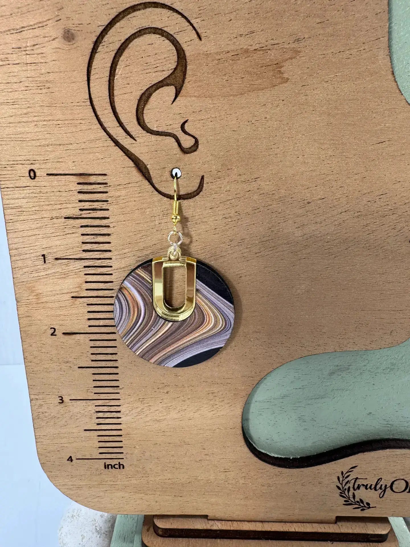 Truly Olive Vintage Swirl Pattern Wood Earrings - Earrings Dangle Earrings