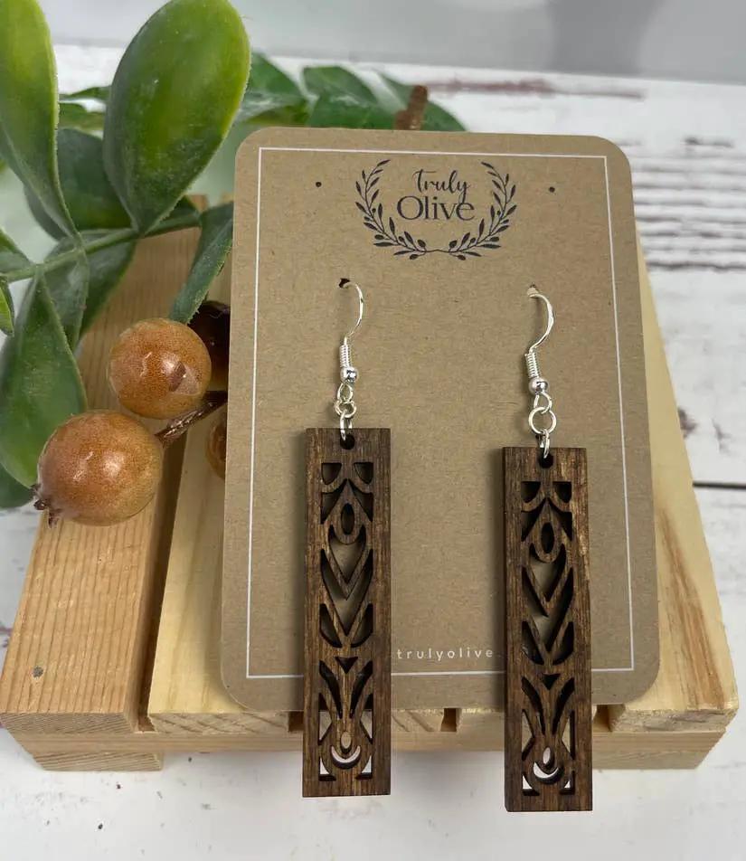 Truly Olive Rectangle Mandala Earrings Lightweight Wood Earrings - Earrings Dangle Earrings