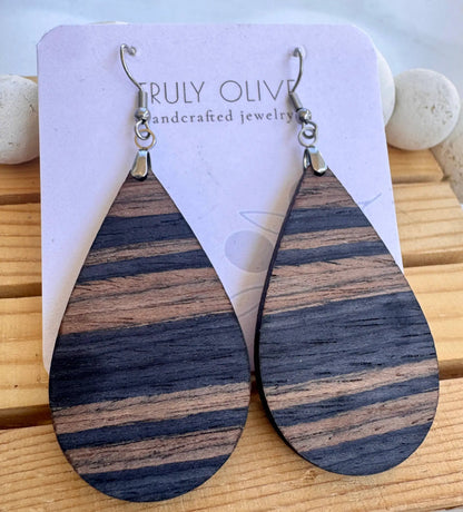 Truly Olive Blue Walnut Exotic Cafe Collection Wood Earrubgs - Earrings Hoop Earrings