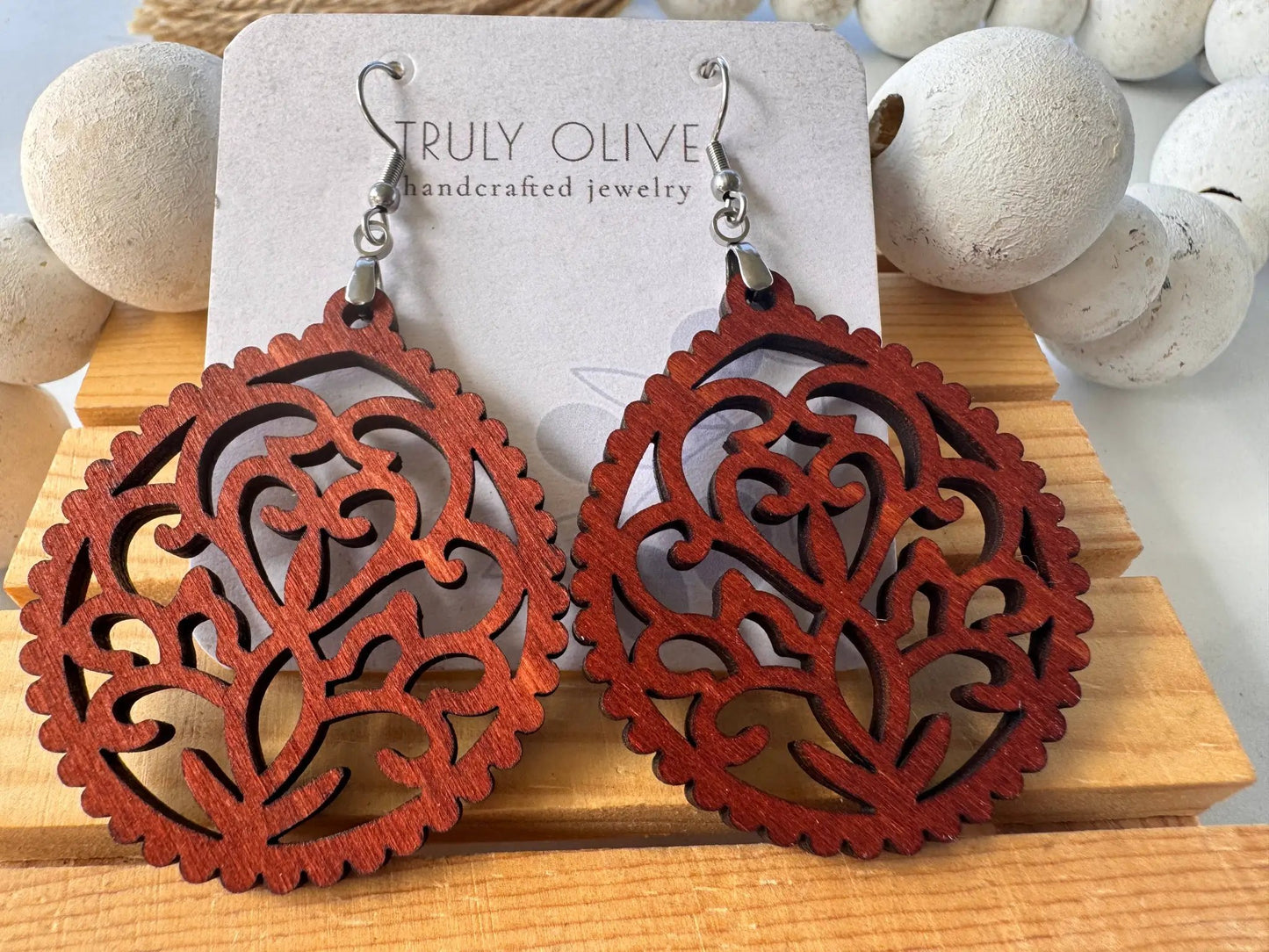 Truly Olive Intricate Wood Earrings - Earrings Dangle Earrings