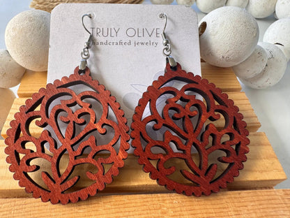 Truly Olive Intricate Wood Earrings - Earrings Dangle Earrings