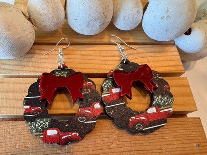 Truly Olive Vintage Red Christmas Truck Wreath Earrings - Earrings Dangle Earrings