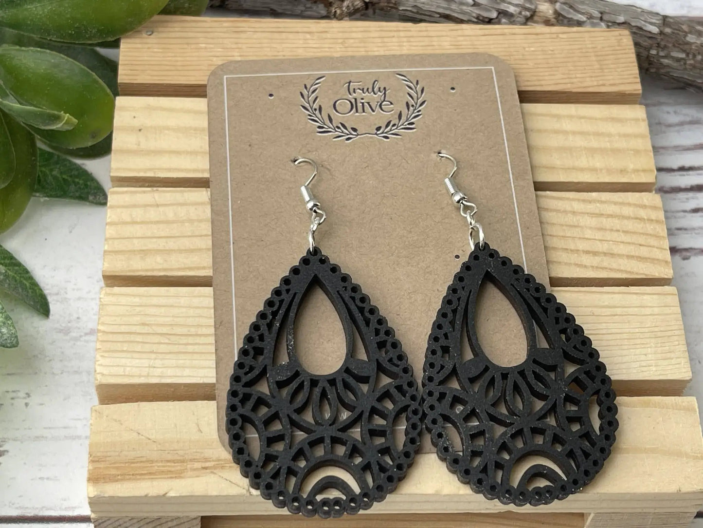 Truly Olive Stunning Wood Mandala Earrings in a Unique Teardrop Shape - Earrings Dangle Earrings