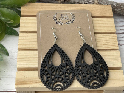 Truly Olive Stunning Wood Mandala Earrings in a Unique Teardrop Shape - Earrings Dangle Earrings