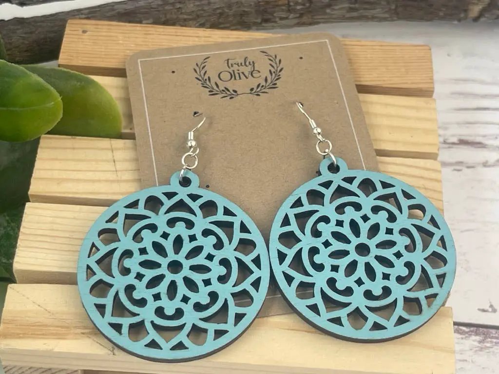 Truly Olive Wood Mandela Circle Shape Lightweight Earrings - Earrings Dangle Earrings