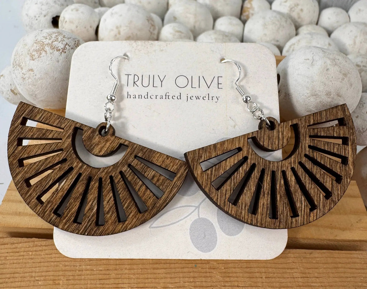 Truly Olive Fan Shape Wood Earrings - Earrings Dangle Earrings