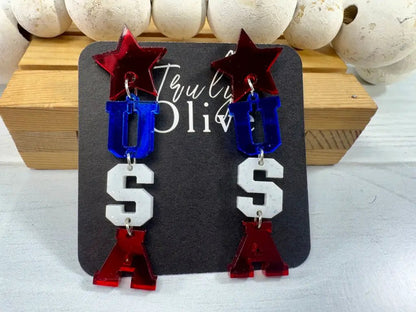 Truly Olive Patriotic Lettered USA Earring Dangles - Earrings Dangle Earrings
