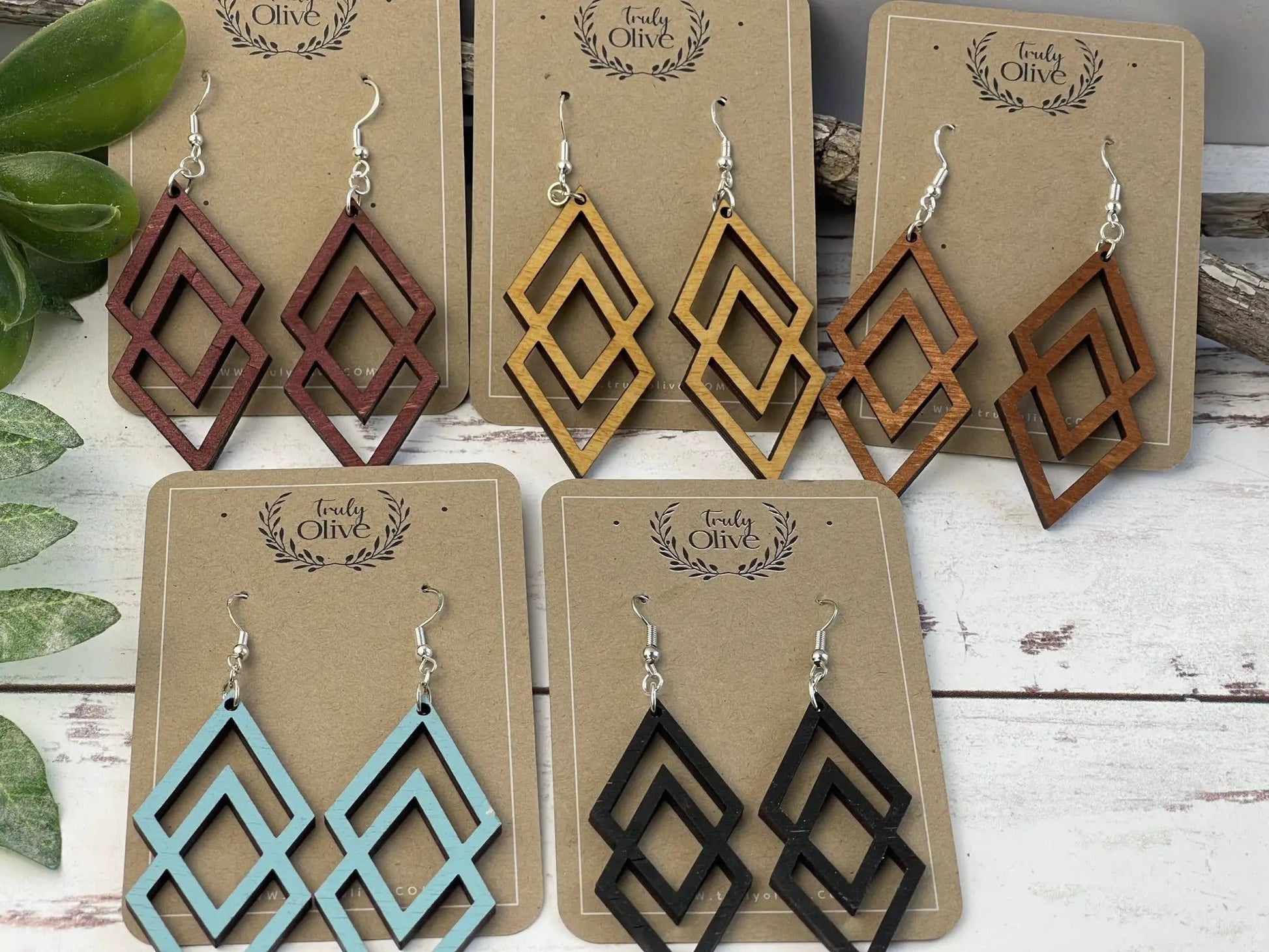 Truly Olive Antique Wood Connected Triangle Earrings - Earrings Dangle Earrings