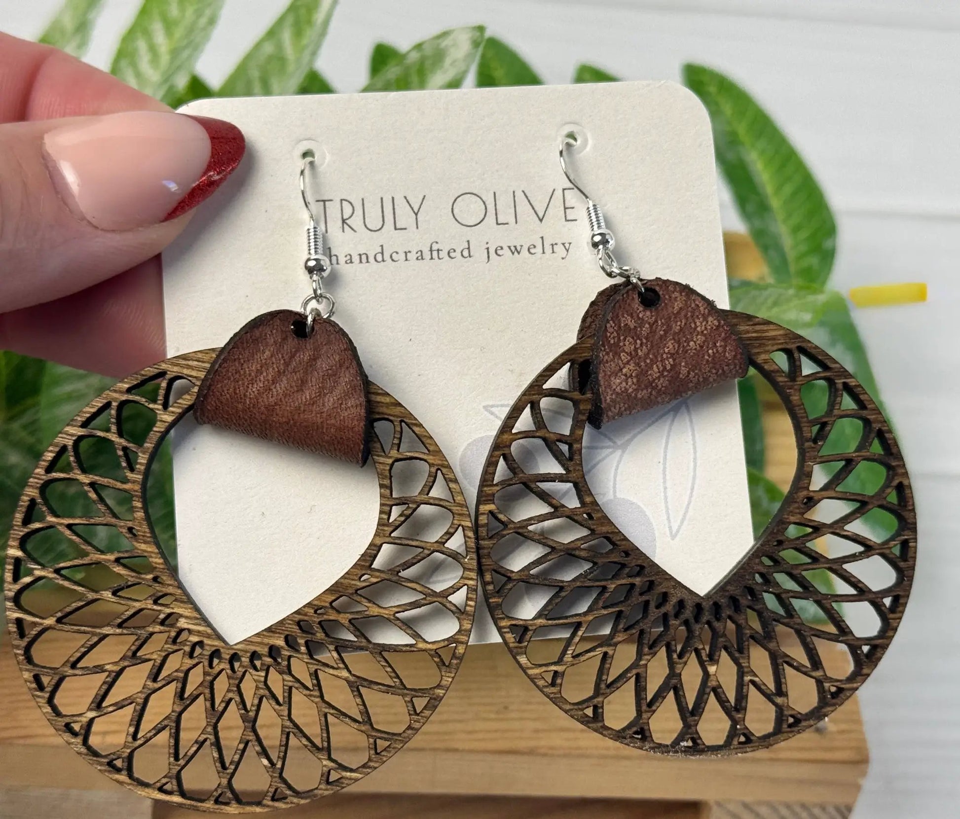 Truly Olive Filigree Natural Wood and Leather Lightweight Hoop Earrings - Earrings Dangle Earrings