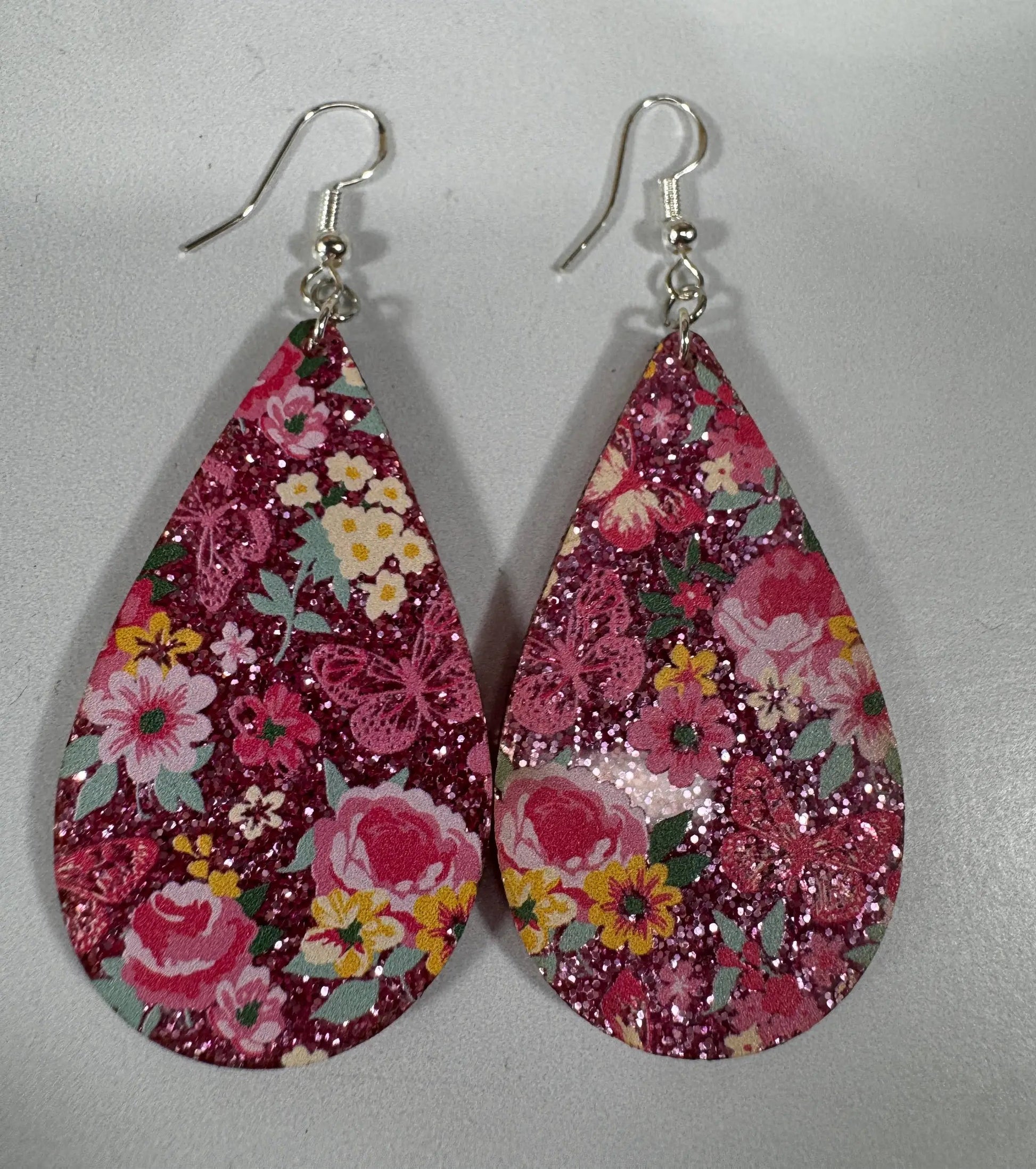 Truly Olive Pink Glitter Flower Pattern Acrylic Earrings - Earrings Dangle Earrings