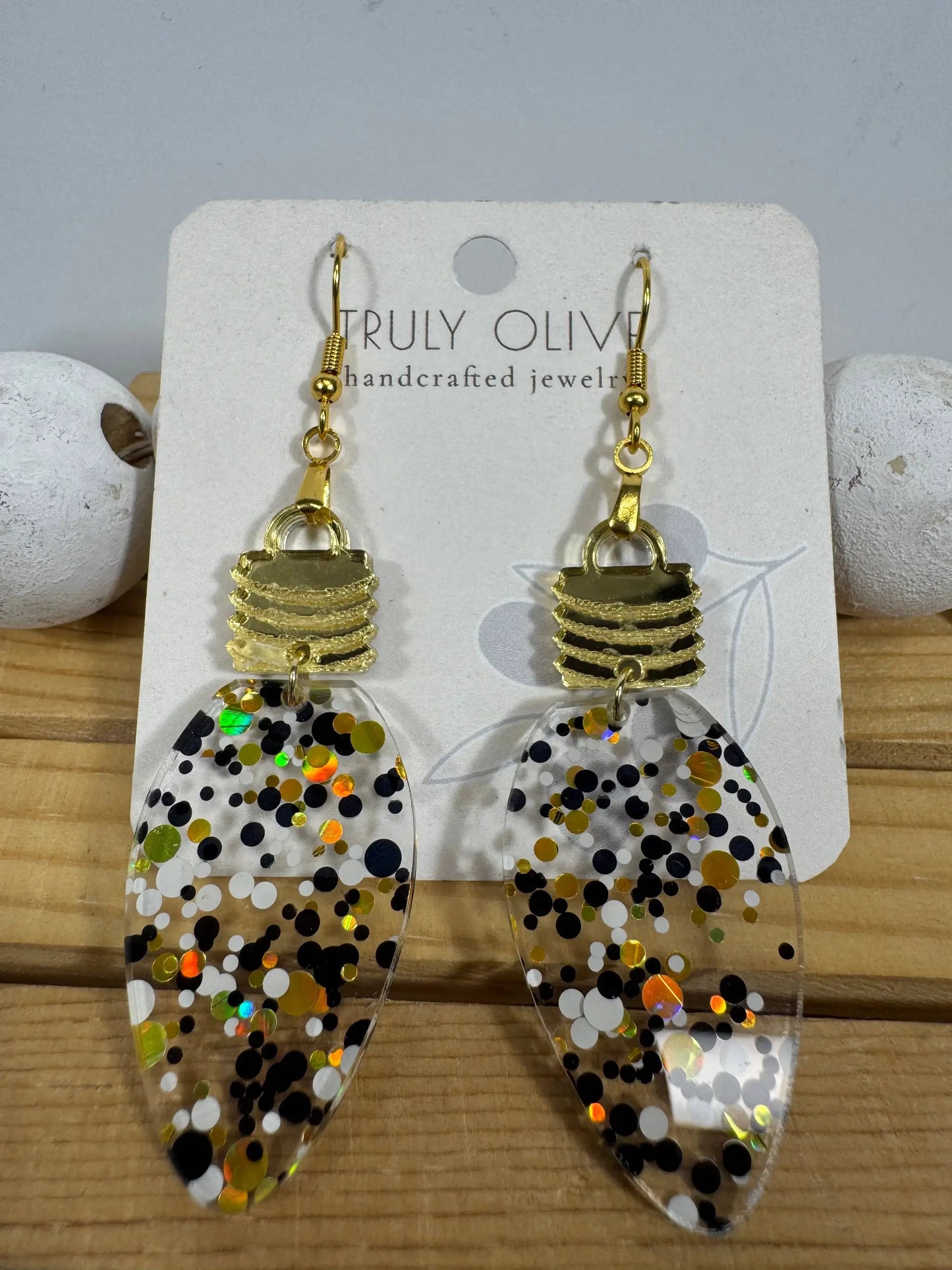 Truly Olive Cute Gold Black and White Christmas Lightbulb Earrings - Earrings Dangle Earrings
