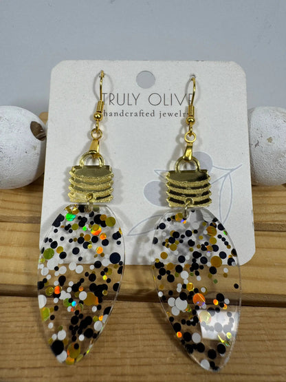 Truly Olive Cute Gold Black and White Christmas Lightbulb Earrings - Earrings Dangle Earrings