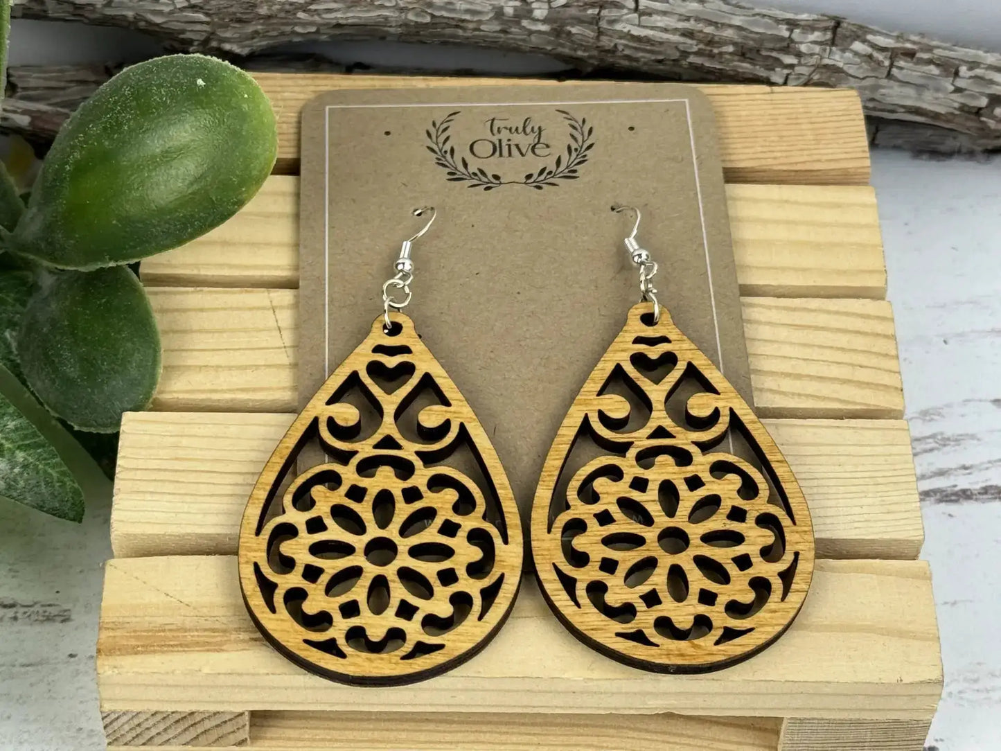 Truly Olive Natural Wooden Earrings - Earrings Dangle Earrings