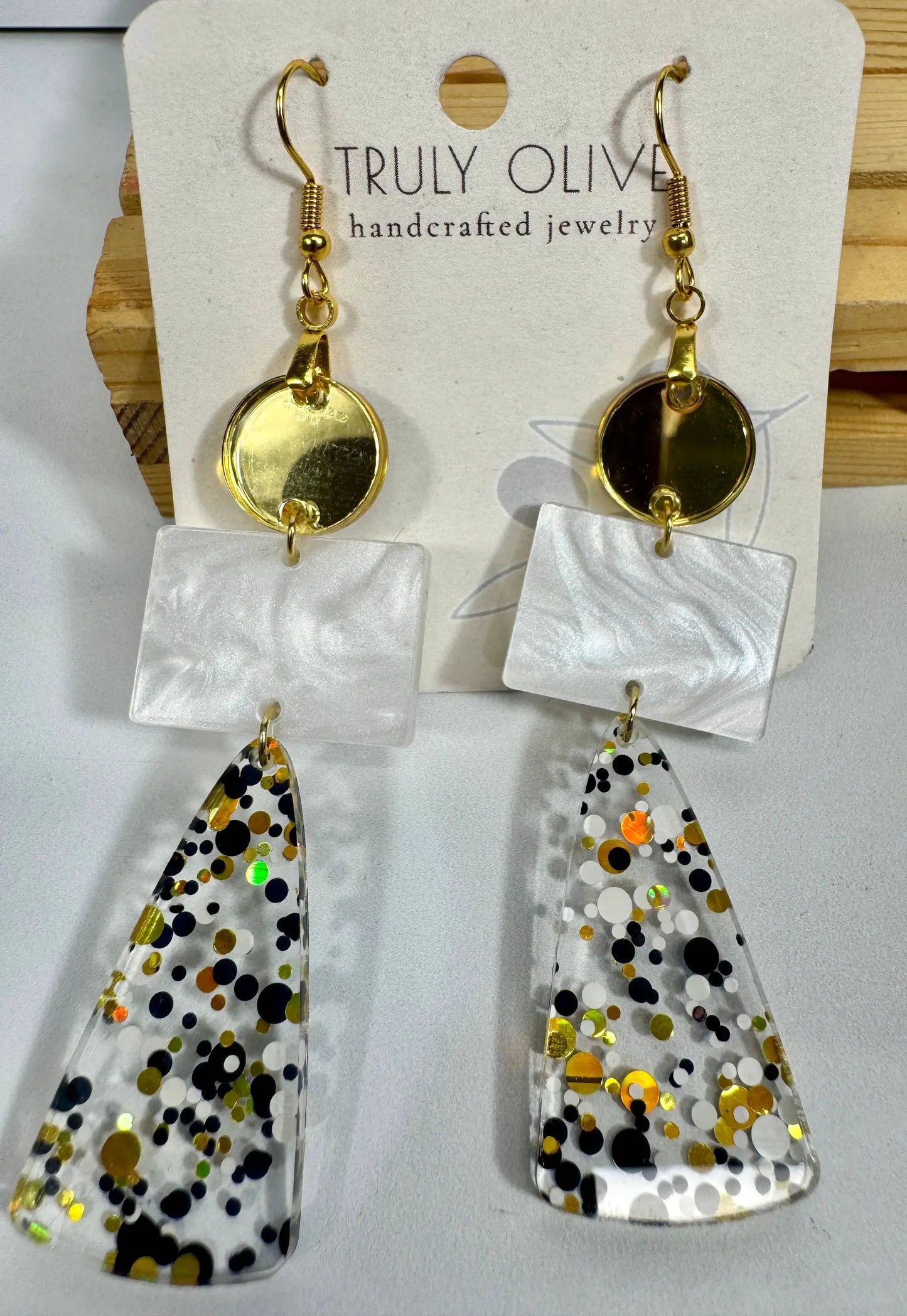 Truly Olive Long Gold Black and White Sparkly Confetti Acrylic Earrings - Earrings Dangle Earrings