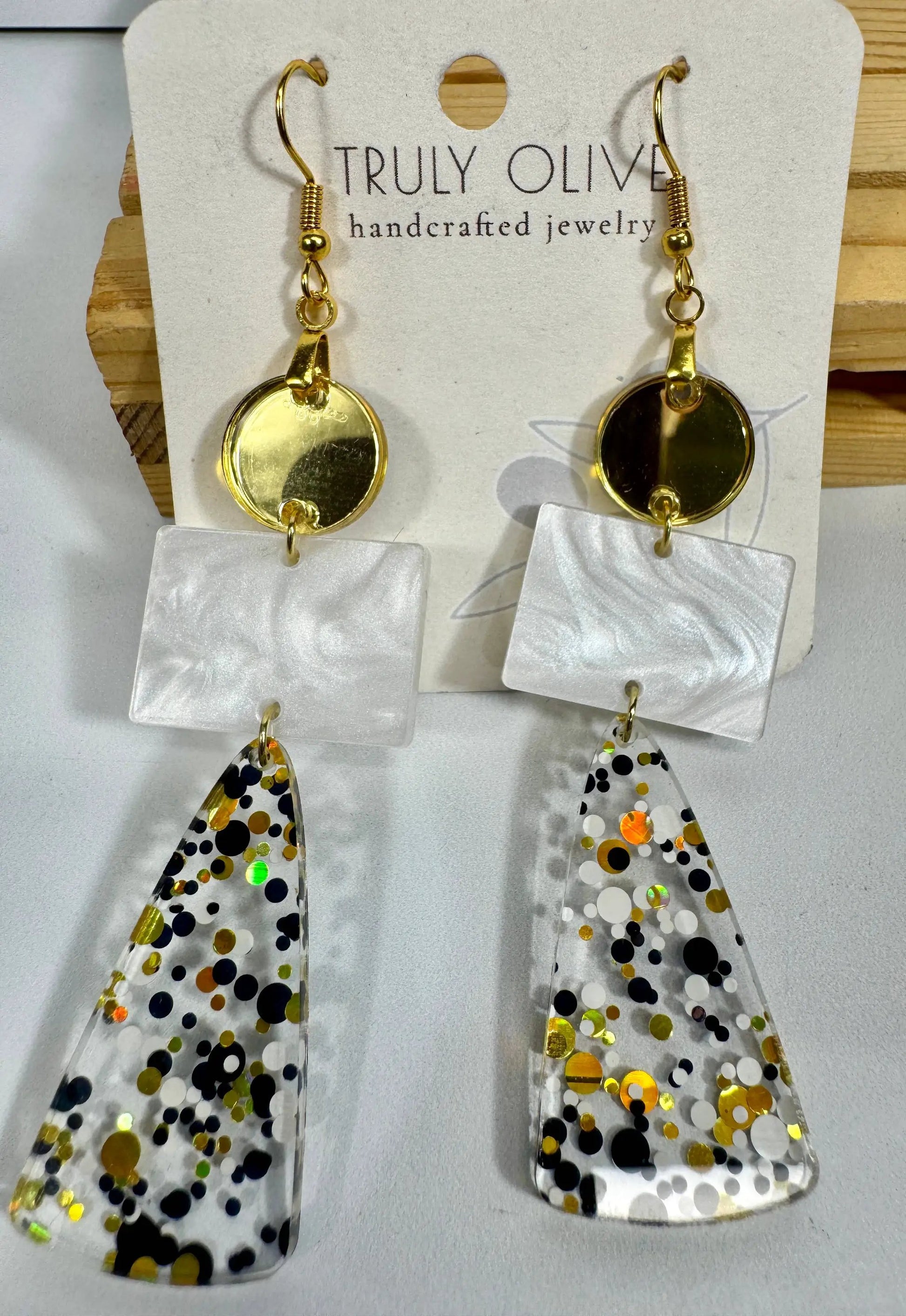 Truly Olive Long Gold Black and White Sparkly Confetti Acrylic Earrings - Earrings Dangle Earrings