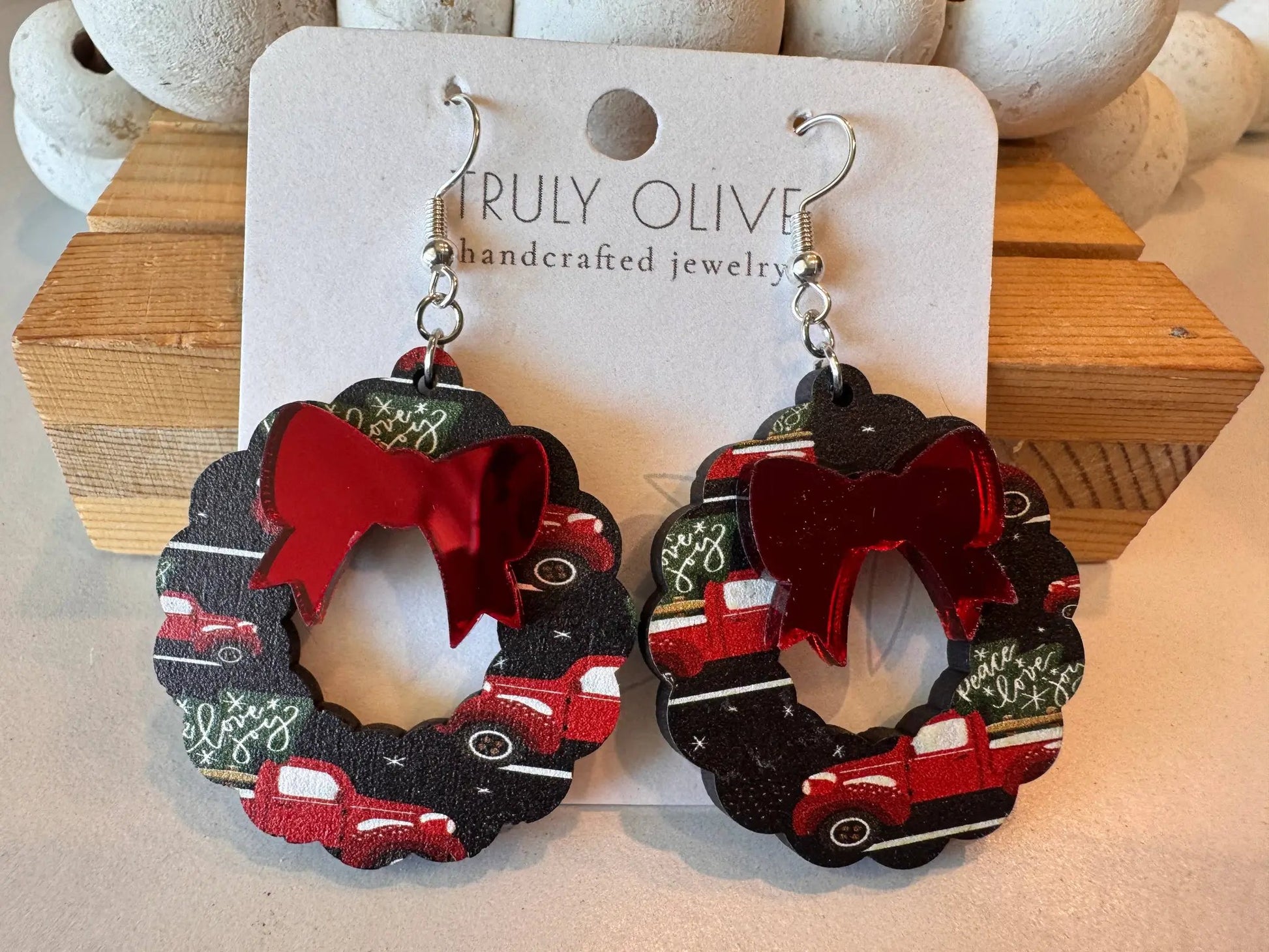 Truly Olive Vintage Red Christmas Truck Wreath Earrings - Earrings Dangle Earrings