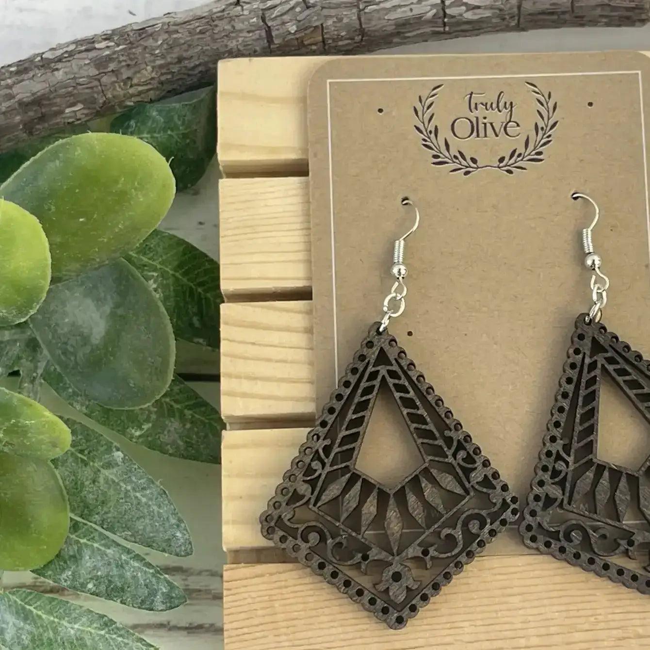 Truly Olive Lightweight Wood Mandala Earrings - Earrings Dangle Earrings