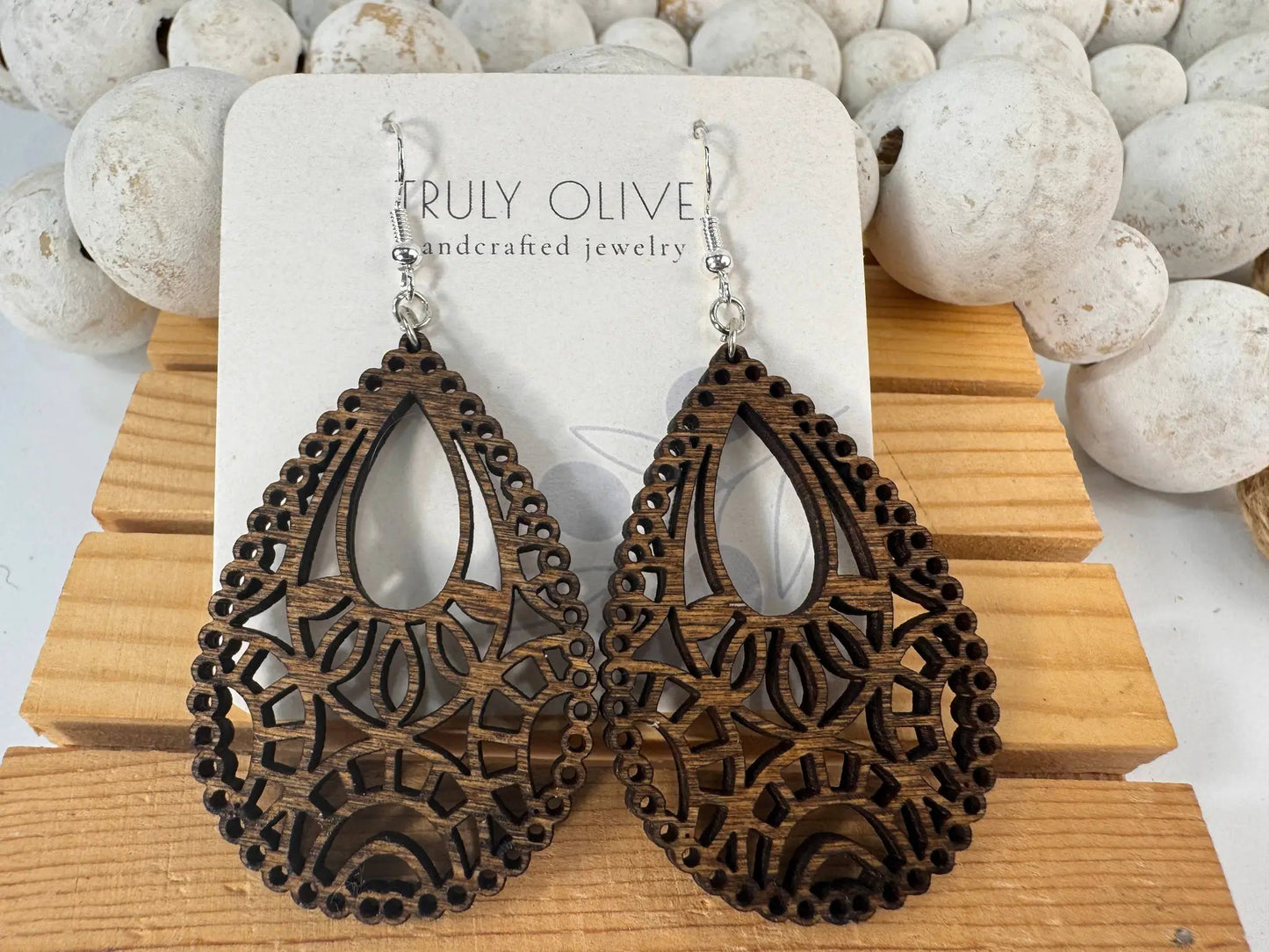 Truly Olive Stunning Wood Mandala Earrings in a Unique Teardrop Shape - Earrings Dangle Earrings