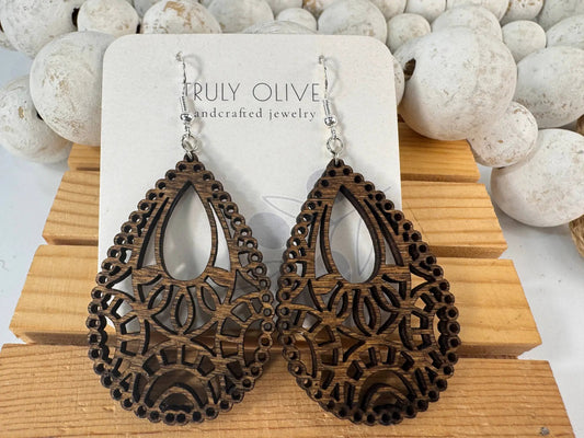 Truly Olive Stunning Wood Mandala Earrings in a Unique Teardrop Shape - Earrings Dangle Earrings