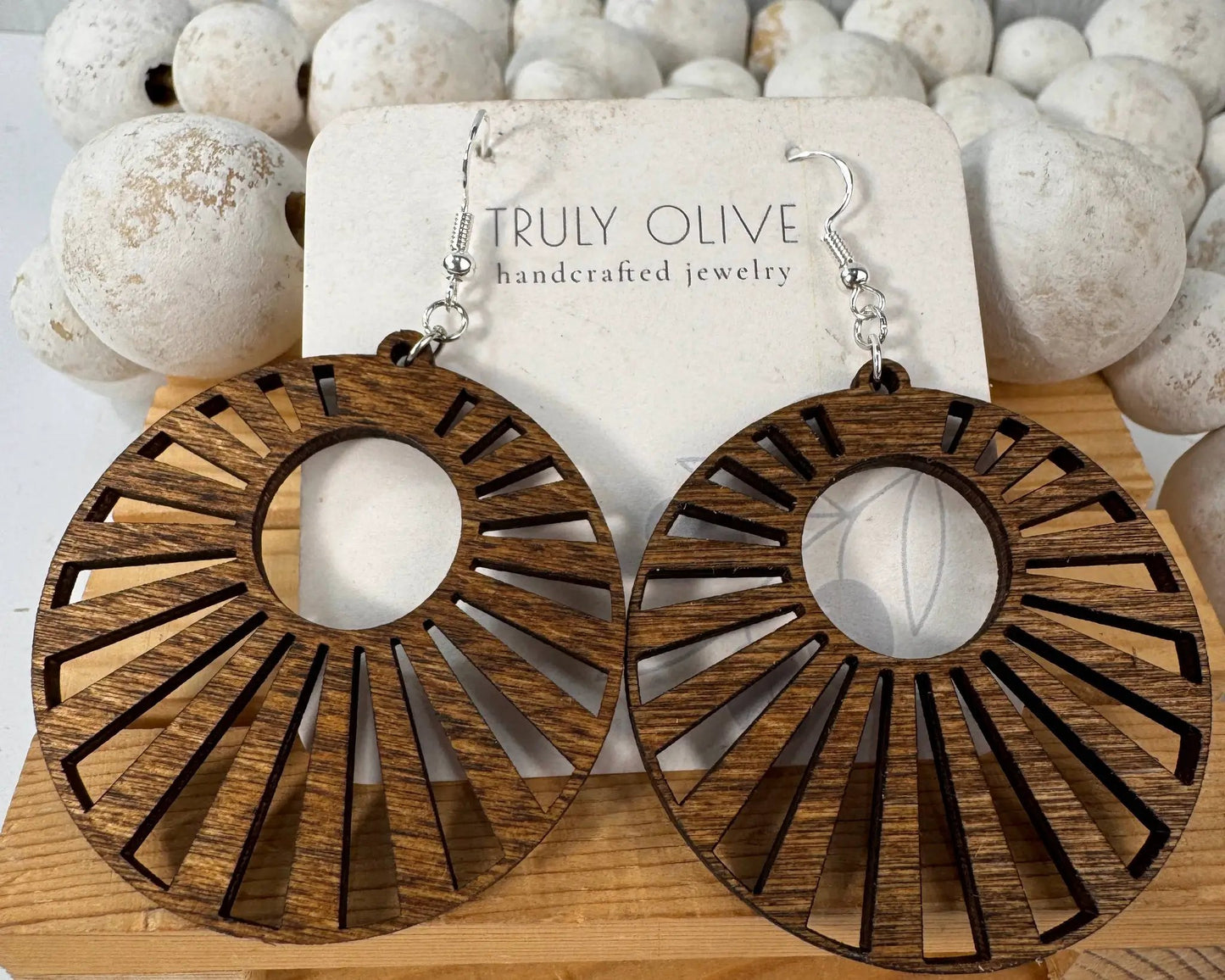 Truly Olive Wood Mandala Earrings in a Unique Fanned Out Circle Shape - Earrings Dangle Earrings