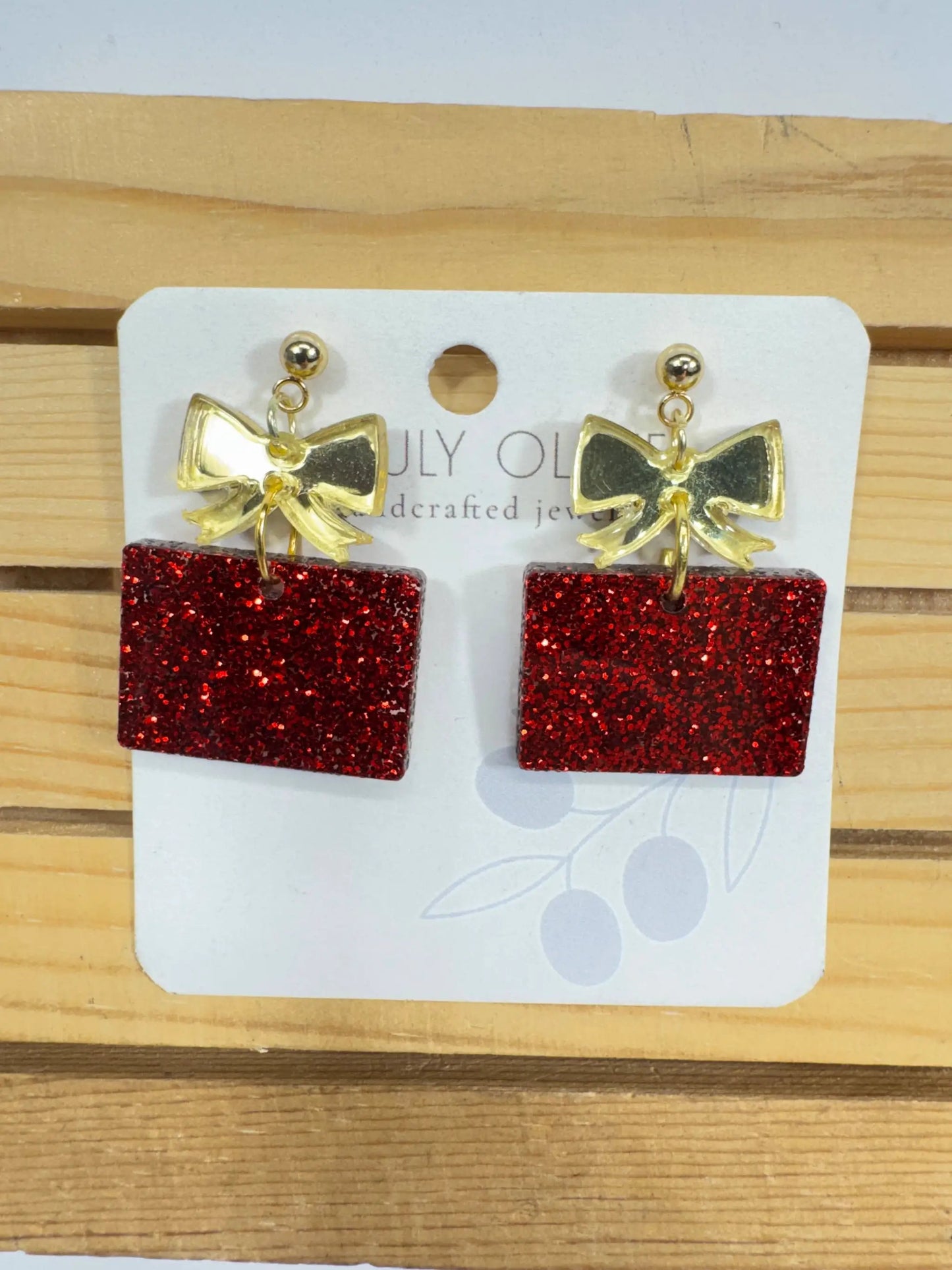 Truly Olive Red and Gold Christmas Present Earrings - Earrings Dangle Earrings