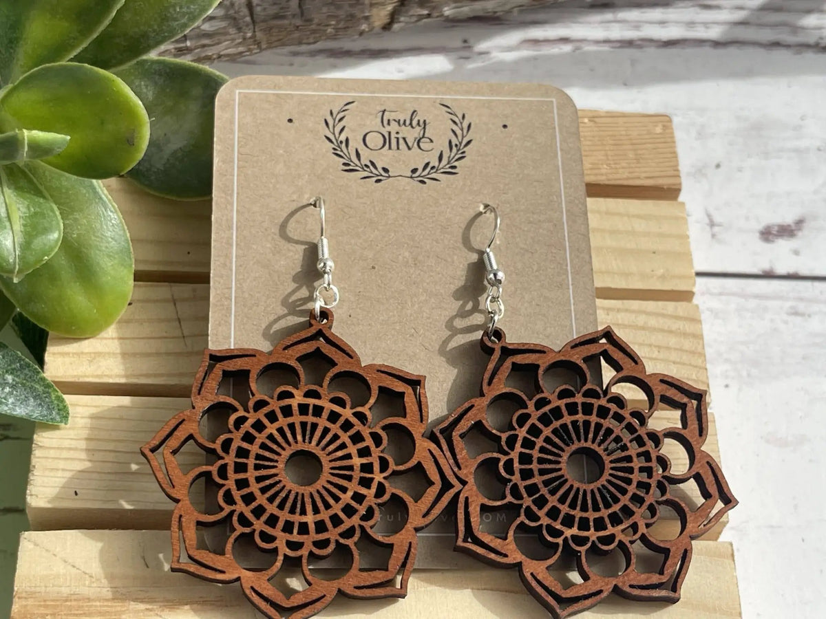 Truly Olive Introducing the Exquisite Lightweight Wood Mandala Earrings - Earrings Dangle Earrings
