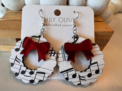 Truly Olive Music Notes Christmas Wreath Earrings - Earrings Dangle Earrings