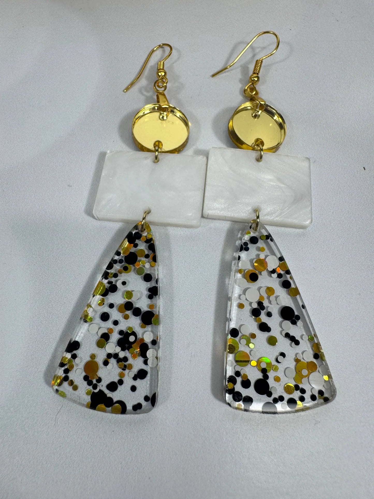 Truly Olive Long Gold Black and White Sparkly Confetti Acrylic Earrings - Earrings Dangle Earrings